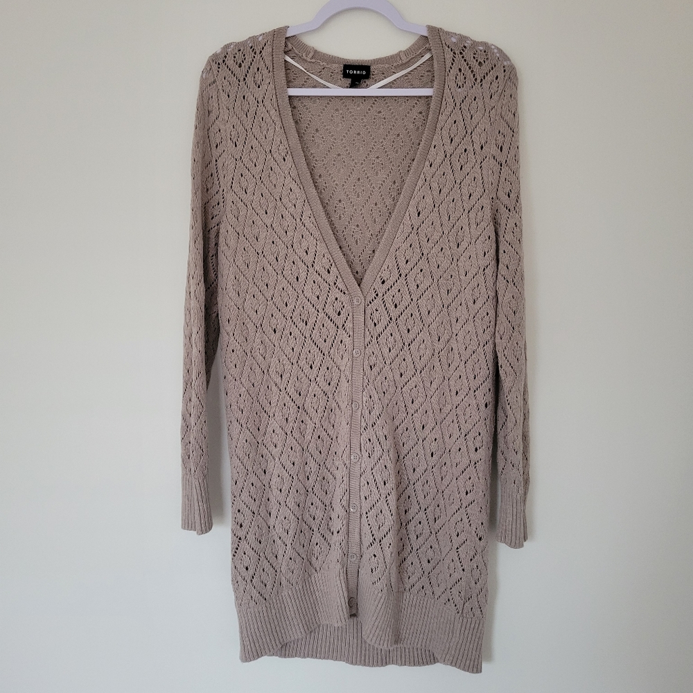 Torrid Pointelle Button Front V Neck Long‎ Cardican Neutral Taupe 1X